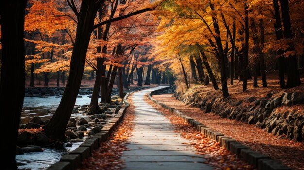 Een pad door een kleurrijk herfstbos gegenereerd door AI.