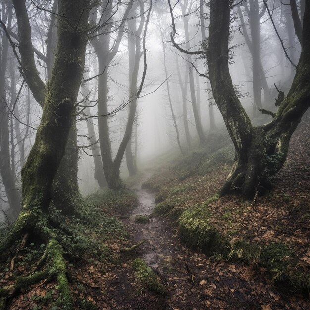 Een pad door een mistig bos met bomen en mist