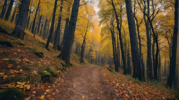 Een pad door een mistig gouden herfstbos.