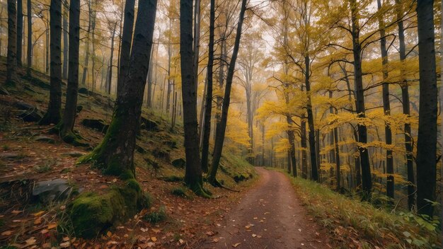 Een pad door een mistig gouden herfstbos.