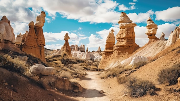 Een pad door een rotsachtig landschap met hoodoos en torenspitsen Generatieve AI