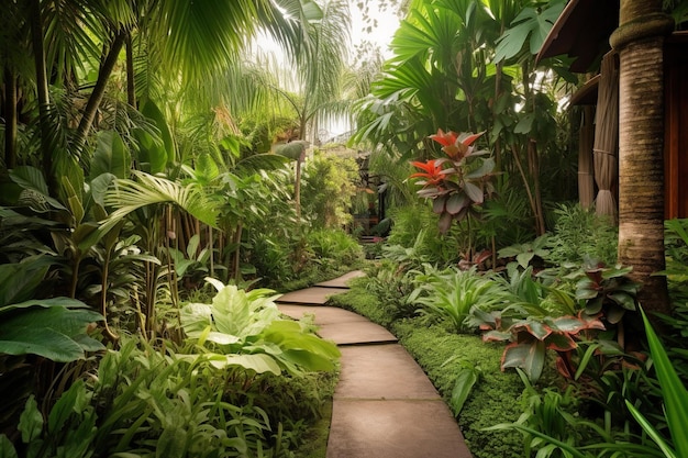 Een pad door een tropische tuin met tropische planten en bomen.