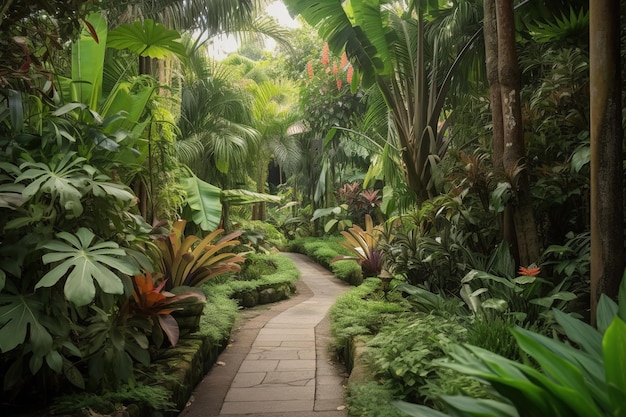 Een pad door een tropische tuin met tropische planten.