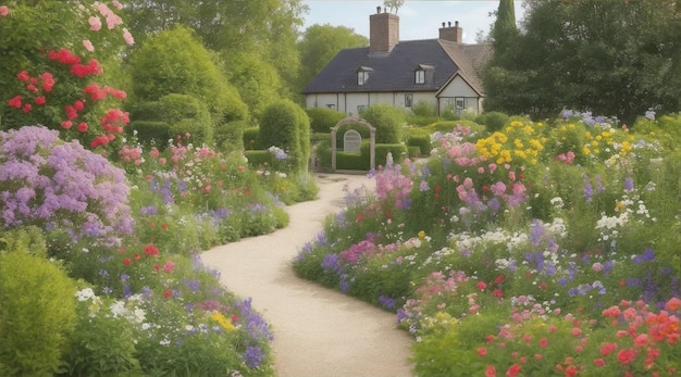 Een pad door een tuin met bloemen en een huis op de achtergrond door Generative AI