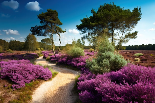 Een pad door een veld met paarse bloemen