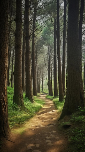 Een pad door het bos met bomen op de achtergrond