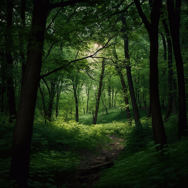 Een pad door het bos met de zon die door de bomen schijnt