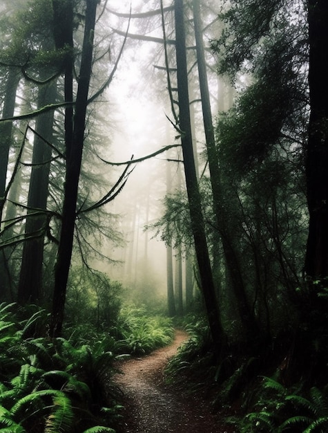 Een pad door het bos met mist en bomen