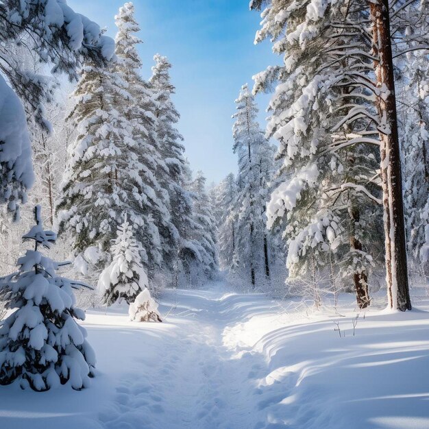 Een pad door het bos met sneeuw op de grond en bomen op de achtergrond.