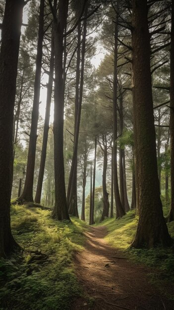 Een pad door het bos waar de zon op schijnt