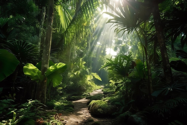 Een pad in de jungle met de zon die door de bladeren schijnt