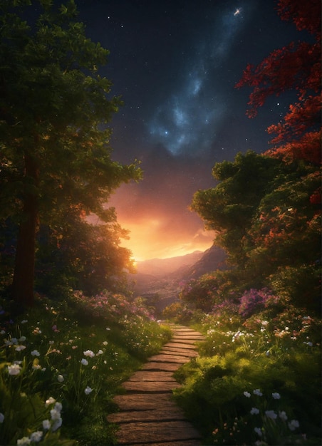 een pad in een bos met een zonsondergang op de achtergrond