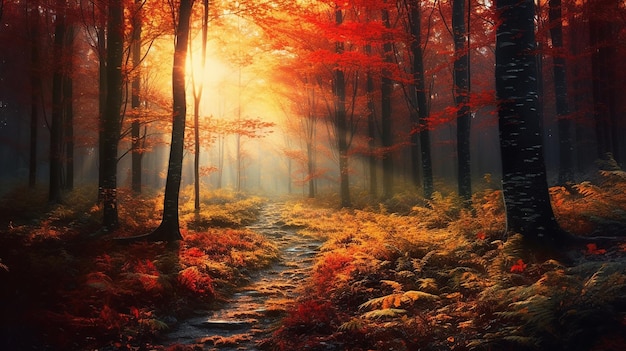 Een pad in een bos met rode bladeren