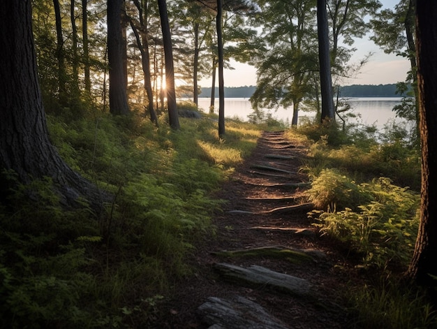 Een pad in het bos met daarachter de ondergaande zon