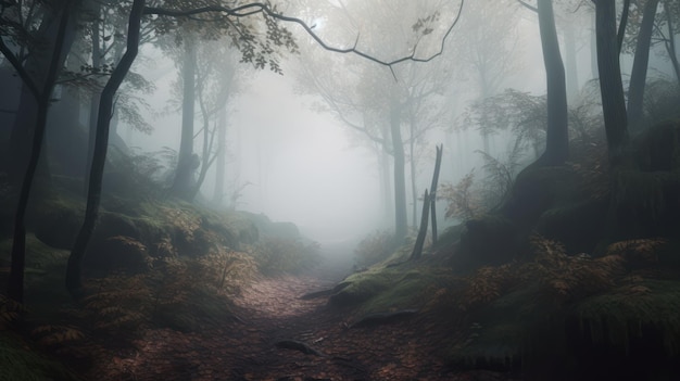 Een pad in het bos met een hekpaal