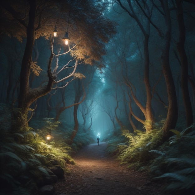 Een pad in het bos met een lantaarn aan de linkerkant.