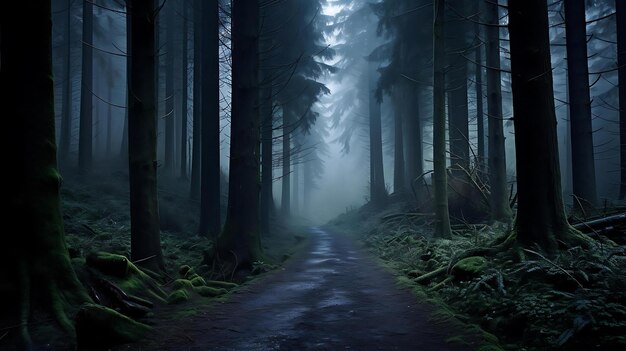 Een pad in het bos met een pad dat leidt naar een mistig bos