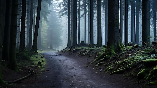 Een pad in het bos met een pad dat leidt naar een mistig bos.