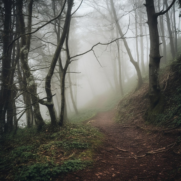 Een pad in het bos met mist en bomen