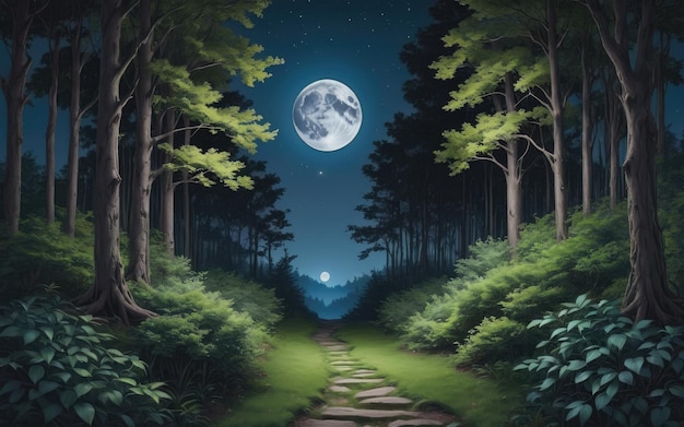 een pad in het bos met 's nachts een volle maan op de achtergrond met bomen en struiken
