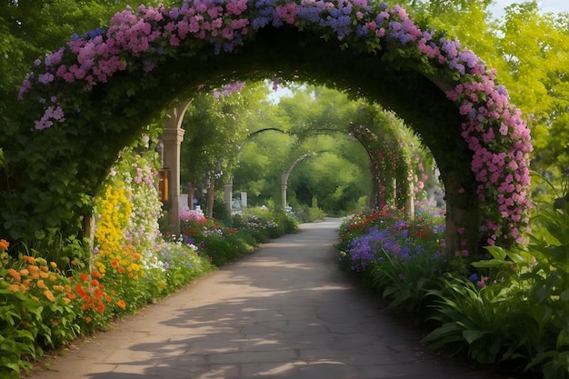 Een pad met bloemen en planten erop gegenereerd door Ai