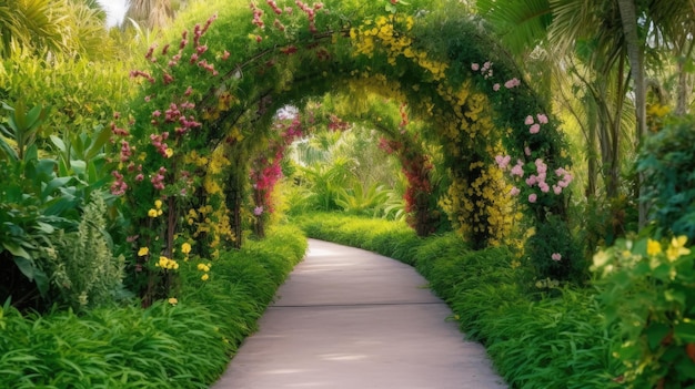 Een pad met bloemen erop en een loopbrug met een bloementunnel erop