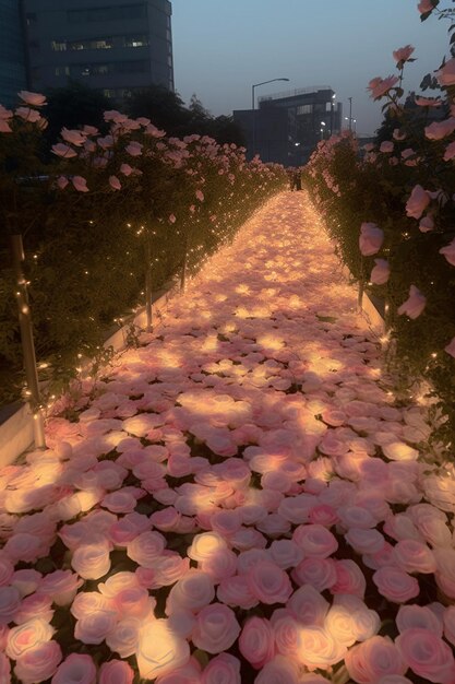 Een pad met bloemen erop