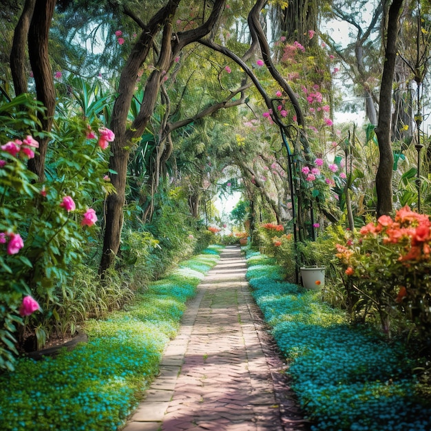 Een pad met groen en bloemen.