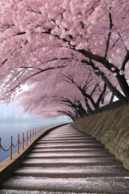 Een pad met roze kersenbloesems erop.