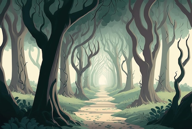 Een pad midden in een mistig bosje bomen