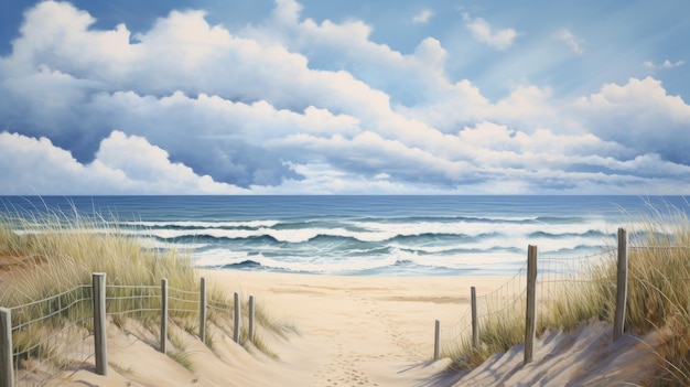 Een pad over zandduinen Een realistische schilderij van de zee met gedetailleerde hemelen