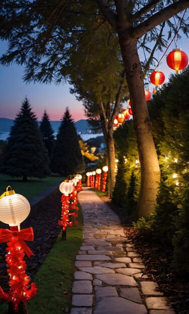 Een pad verlicht door kerstlantaarns in de schemering