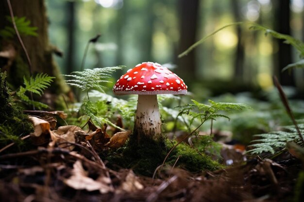 een paddenstoel in het bos met een rode en witte polka dot op de bodem.