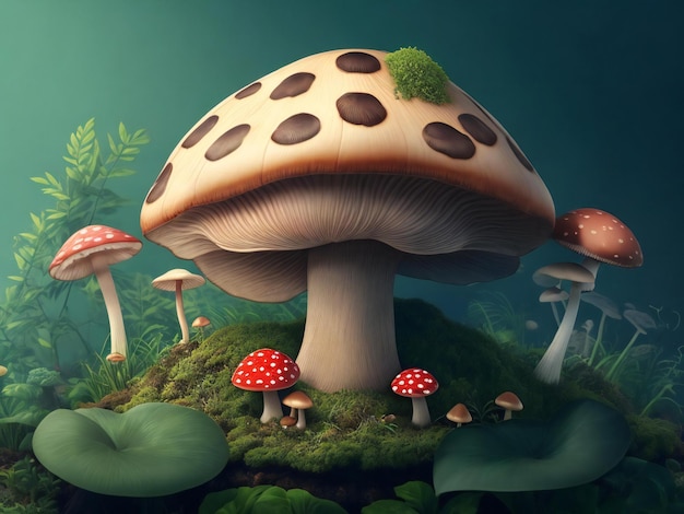 Een paddenstoel met een paddenstoel op zijn kop wordt omringd door planten die zijn gegenereerd