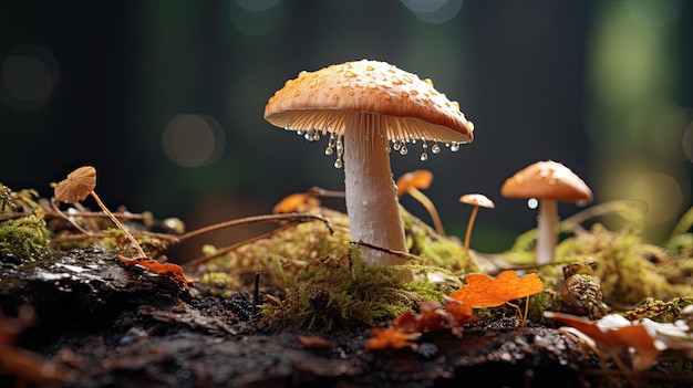 Een paddenstoel met regendruppels erop