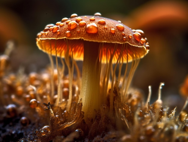 Een paddenstoel met waterdruppels erop wordt getoond in deze close-up afbeelding.