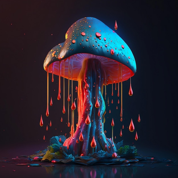 Een paddenstoel waar een druppel water naar beneden druipt