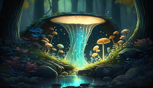 Een paddenstoelengrot met een waterval op de achtergrond