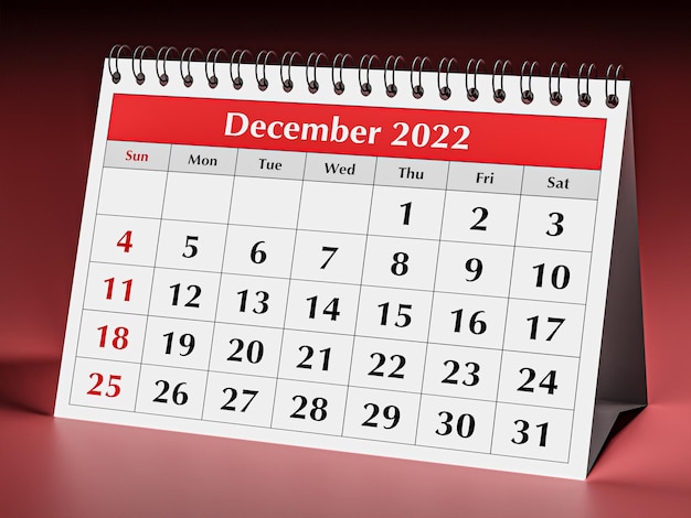 Een pagina van de jaarlijkse business desk maandkalender Datum maand december 2022