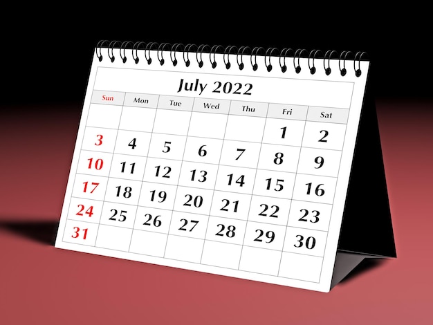 Eén pagina van de jaarlijkse business desk maandkalender Datum maand juli 2022