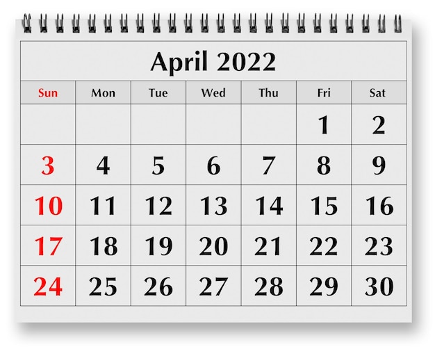 Eén pagina van de jaarlijkse maandkalender april 2022