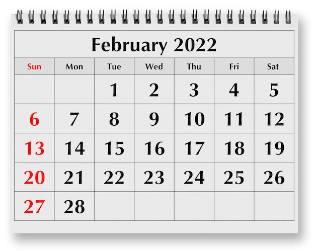 Eén pagina van de jaarlijkse maandkalender - februari 2022