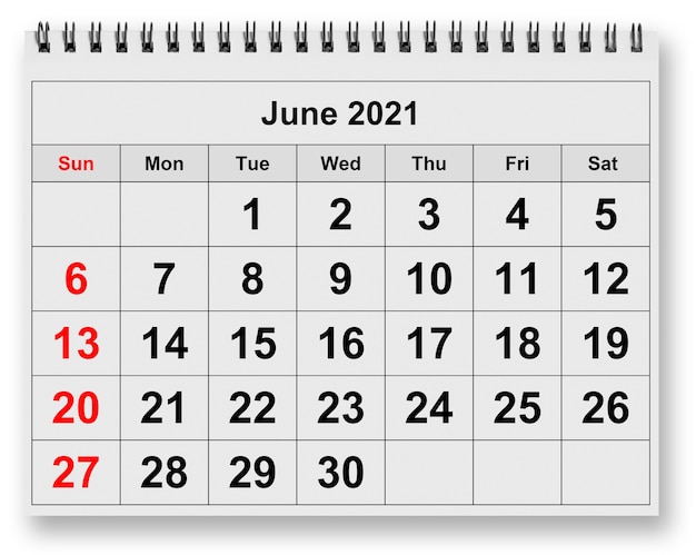 Eén pagina van de jaarlijkse maandkalender - juni 2021