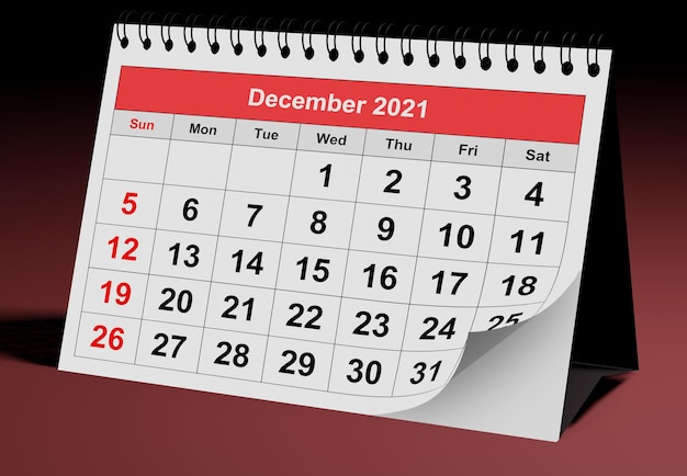 Een pagina van de jaarlijkse zakelijke maandelijkse kalender. Datum - maand december 2021. 3D-rendering