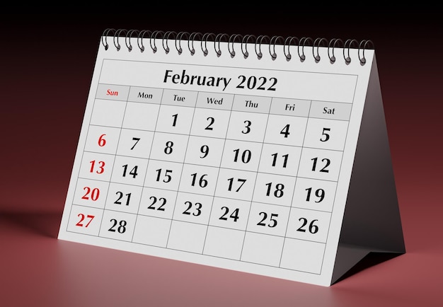 Een pagina van de jaarlijkse zakelijke maandelijkse kalender. Datum - maand februari 2022. 3D-rendering