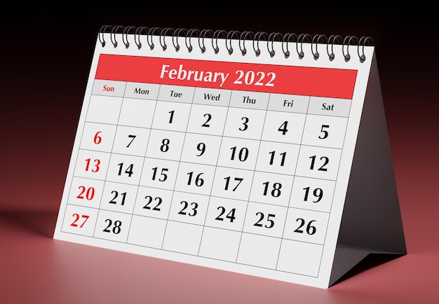 Een pagina van de jaarlijkse zakelijke maandelijkse kalender. Datum - maand februari 2022. 3D-rendering