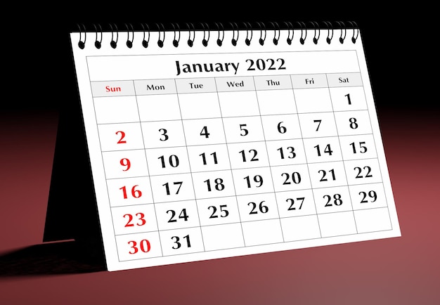 Een pagina van de jaarlijkse zakelijke maandelijkse kalender. Datum - maand januari 2022. 3D-rendering