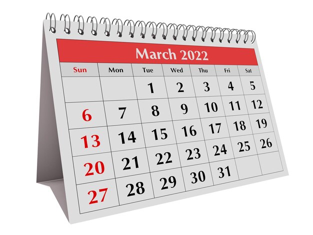 Een pagina van de jaarlijkse zakelijke maandkalender Datum maand maart 2022 3D-rendering