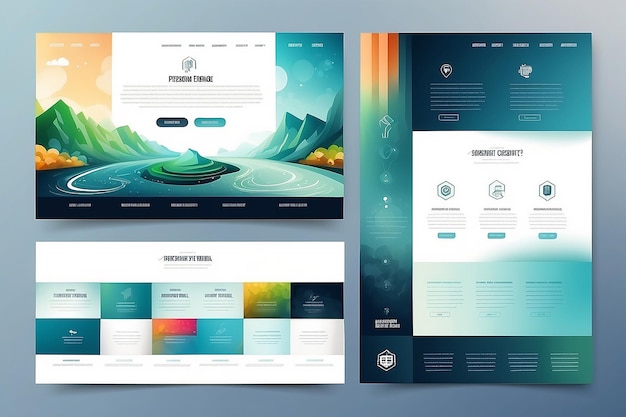 Een pagina website sjabloon en verschillende header ontwerpen met vervaagde achtergronden