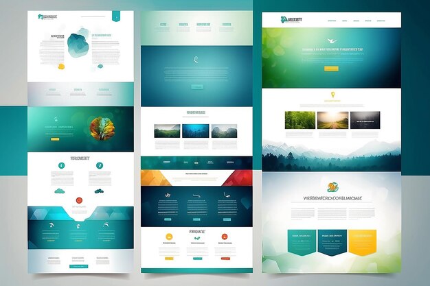 Een pagina website sjabloon en verschillende header ontwerpen met vervaagde achtergronden